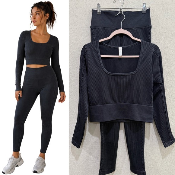 aerie Pants - OFFLINE by Aerie Seamless Ribbed Crop Top & Leggings Set Black Athleisure Active